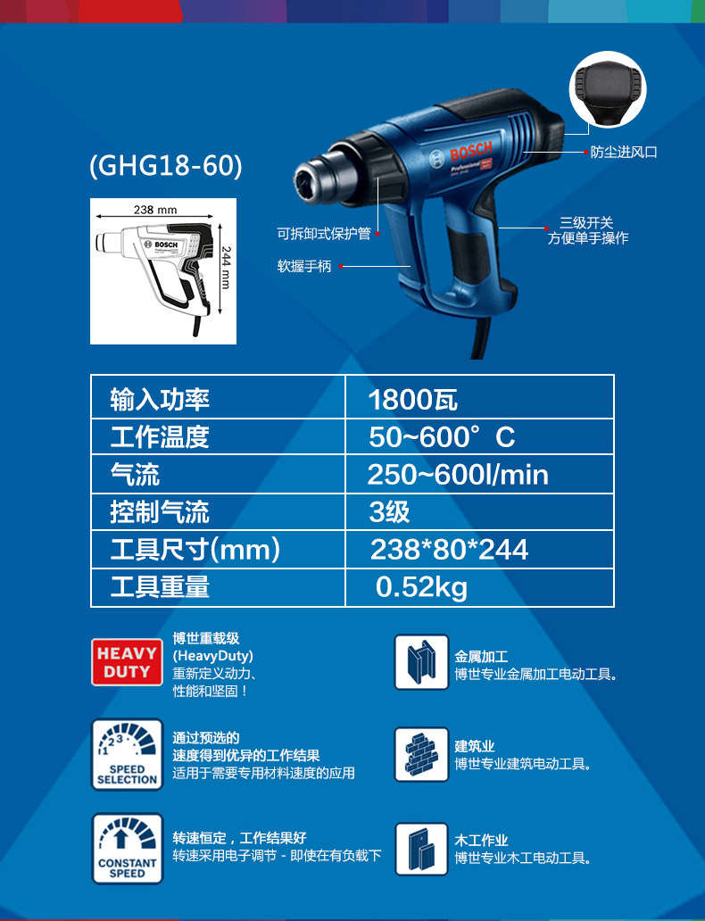 热风枪ghg20-63 2000w(三档数显调温/温度过载保护)/ghg20-63 2000w