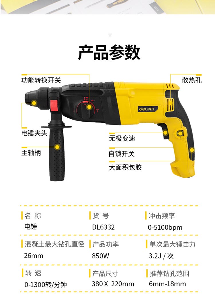 品名: dl6332/轻型电锤φ26mm/得力 工厂型号: dl6332 品名 dl6332